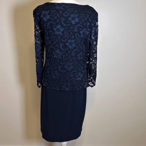 Joseph Ribkoff Dress women’s Size 14 Navy Lace overlay 3/4 sleeve Rhinestone - Picture 2 of 12